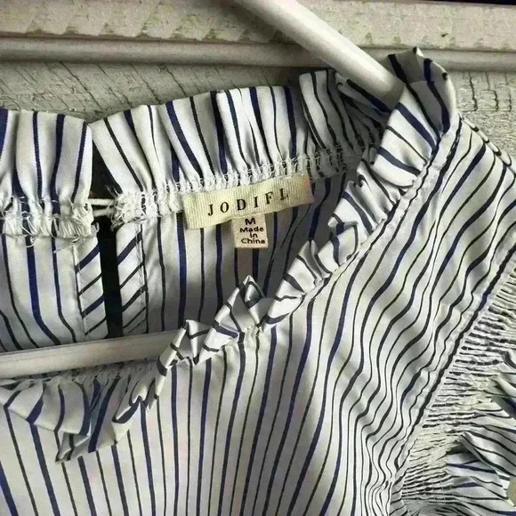 Jodifl Mock line neck & ruffle sleeved top with blue stripes - Picture 2 of 6